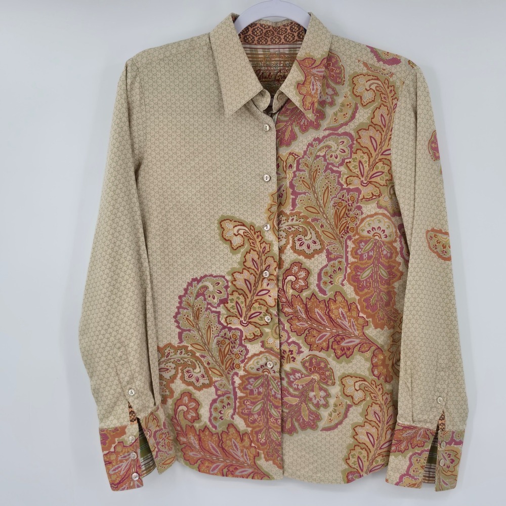 Robert Graham Womens Paisley Mixed Print Button Down Shirt Tan Pink Medium
